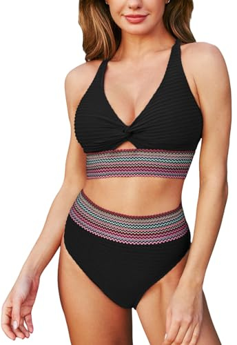 CUPSHE Bikiniset för kvinnor två delar baddräkt hög midja twist utskuren v-hals baddräkt nyckelhål, Svart, L