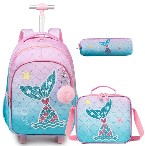 Egchescebo Kids Rolling Backpack for Girls Mermaid Suitcases Trolley Roller Luggage Backpacks on Wheels with Lunch Box Pencil Case for Elementary Multiple Compartment Pockets School Bag Powder Blue