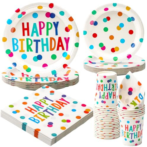 PARTY GO 100PCS Rainbow Happy Birthday Party Tableware Set - 25pcs Plates, Napkins, Cups - Rainbow Birthday Party Decorations for 25 Guests