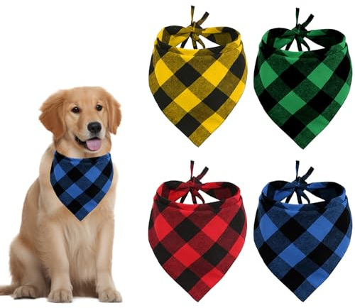 4 Pack Dog Bandanas Adjustable Classic Checkered Bandana Stylish Dog Triangle Bibs Scarf, Washable Reversible Cotton Neckerchief, Personalised Bandanas Accessories for Small Medium Large Dogs