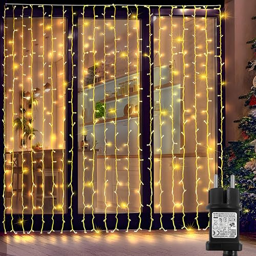 Zewool Lichtervorhang 3x3m, 300 LED Lichterkette Warmweiß,IP65 Wasserdicht Lichtervorhang Innen Außen Vorhang 8 Modi mit Timer für Weihnachten Hochzeit Party Deko Zimmer [Energieklasse G]