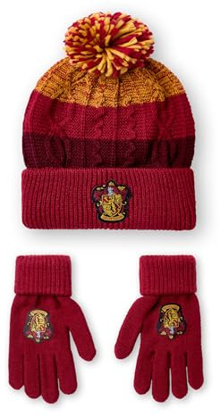 Harry Potter Set di cappelli e guanti per bambini | Cappello invernale unisex lavorato a maglia rosso e giallo con stemma di Grifondoro | Berretto con pompon taglia unica con guanti