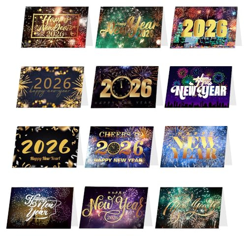 Dusenly 12pcs Colorful Happy New Year Cards 2026 New Year Greeting Cards with Envelopes 2026 New Year's Gifts Presents Supplies