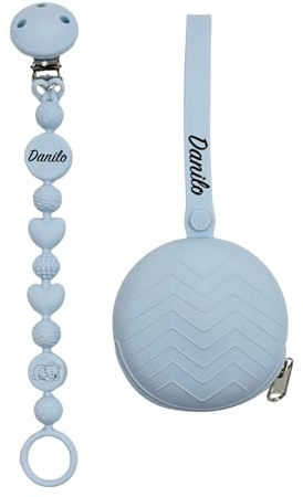 Portaciuccio, Portasucchietto IN SILICONE, Catenella portaciuccio personalizzata con nome BUBBLE GHIACCIO BABYJART, ULTRA LEGGERA, lavabile, sicura per il bambino, compatibile con ciuccio MAM e CHICCO