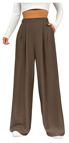 GORGLITTER Women's Elasticated Waist Wide Leg Trousers Pleated Oversized Plain Pants Straight Light Weight Bottom Brown Medium