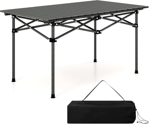 FANTASK Tavolo da campeggio pieghevole con piano arrotolabile, tavolo pieghevole da giardino con piano in alluminio, per 4 persone, colore nero