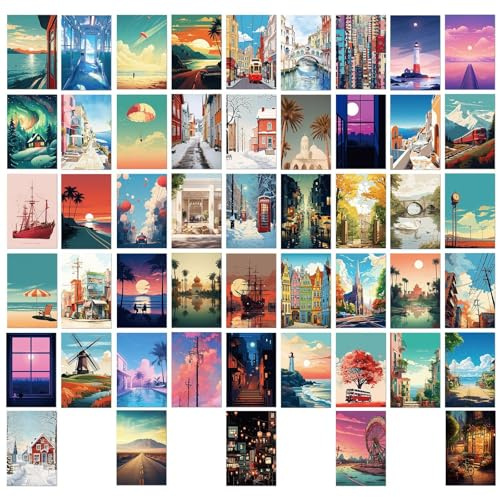50 Tarjetas De Dibujos Animados, Postales Temáticas De Paisaje, Decoraciones De Pared, Tarjetas De Regalo.