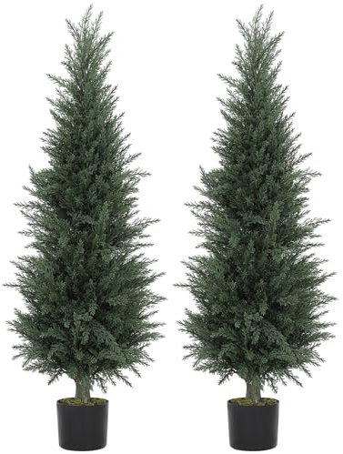 HOMCOM Artificial Plants Outdoor, 120 cm Fake Cypress Tree with Plastic Pots, UV-Resistant Faux Plants for Garden Front Porch Decoration, 2 Pack