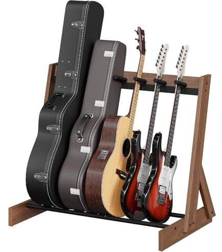 MAHANCRIS Guitar Stand, Hardwood Guitar Rack for Multiple Instruments, Multi-Guitar Storage for 3 Acoustic, 5-6 Electric or Bass, Wooden Floor Acoustic Stand, Instrument Rack Holder, for Home Music Studio, Walnut and Black GSHA7501