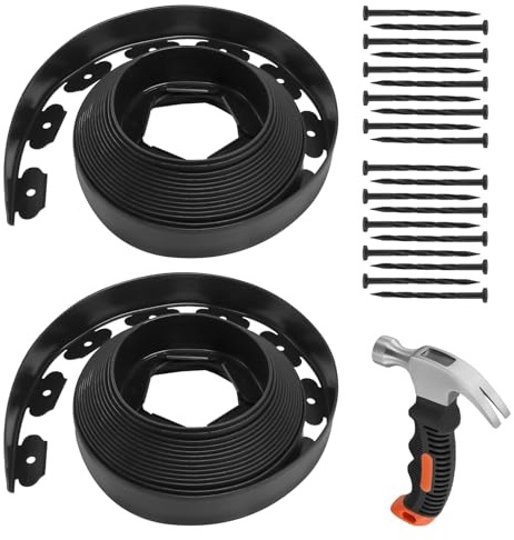 HEIYUET Borde Flexible para Césped de Plástico 10m x 5cm con 60 Anclajes y Martillo - Kit Completo para Jardín, Parterres, Senderos y Árboles - Negro