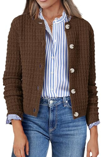 Zeagoo Cárdigan de punto para mujer, manga larga, cuello redondo, botones, chaqueta de punto frontal abierta, suéter elegante para mujer, A-marrón., XL