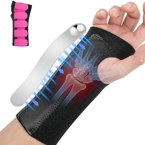 BUTBU Handledsstöd, bandage handledsbandage, med metallskenor, handledsskena för karpaltunnel, justerbart kardborrband för sport fitness, för kvinnor och män (höger, M, rosenröd)