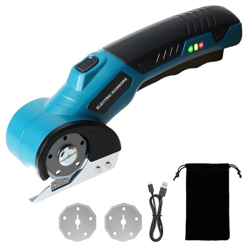 Kartonschneider Elektrisch 4.2 V, Elektrische Schere mit 2 Selbstschärfende Klingen, LED-Licht, für Plastik, Leder, Karton, Teppich, Box