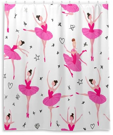 Qilmy Ballerina Girls Shower Curtain, Waterproof Fabric Shower Curtain Set with 12 Hooks for Bathroom, Hotel, Spa, 60 x 72 Inch