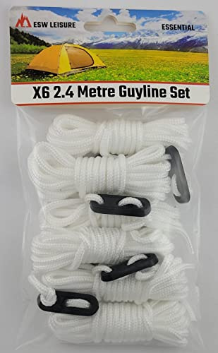ESW LEISURE Guyline Ropes 6 Pack Tents Awning Camping Strong Lightweight Paracord Guy Rope With Tensioner Guy Lines Fishing Umbrella Shelter Bivvy Caravan Gazebo Tarp (White, 2.4 Metre 6 Pack)