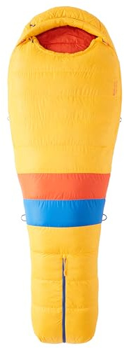 Marmot Never Summer Long, Mumienschlafsack für Erwachsene, extralang, Entendaunen mit 650er Bauschkraft, sehr leicht und warm, 198 cm, geeignet bis -36 °C, Solar/Red Sun, 198 cm
