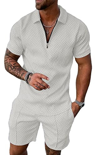 Hoefirm Survêtement Pour Hommes 2 Pièces Ensemble Jogging Sport Pantalon Chemise Short été Costume Blanc XL