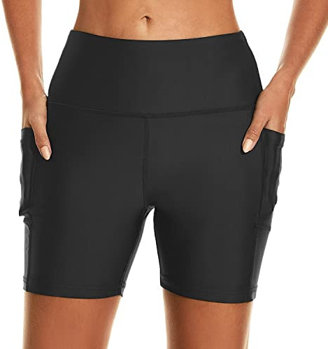 HODOSPORTS Women's 5'' Swim Shorts UPF 50+ High Waisted Board Shorts with Pockets Liner Quick Dry Swimsuit Bottoms Black XL