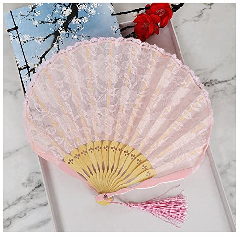 SHTGOI Ventaglio a mano in pizzo vintage, pieghevole, scomparti per matrimonio, con nappa, pieghevole, per feste, costumi di Halloween, carnevale, decorazione rosa 1#