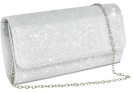 Bolso de Mano para Mujer, Bolso Plateado Boda Embrague, Bolso de Sobre Elegante con Cadena Desmontable, Bandolera de Fiesta para Mujeres y Niñas, Boda, Ocio, Fiesta, Graduación