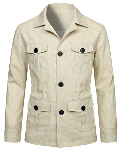 EsukAr Lätt safari-jacka för män, vardagligt, linne med knappar, flera fickor, cargorock, ytterkläder, BEIgE, 5XL
