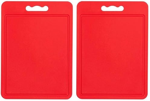 Chef Aid Red Poly Chopping Board, Multipurpose Anti-Slip Surface, Easy Clean and Dishwasher Safe with Handle, 35 x 25cm, Other Colour Options Available (Pack of 2)