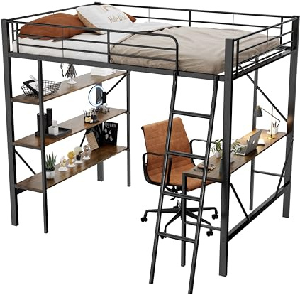 Moimhear Estructura de cama de metal de 90 x 200 cm, cama de hierro, cama alta con escritorio y tres estantes grandes para niños, adolescentes y adultos (negro)