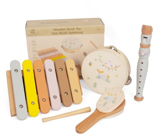 Montessori Holz Musik Spielzeug für 3-jährige Kinder, 4-teiliges Set von Tamburin, Xylophon, Flöte und Resonanzboden, Musik Erleuchtung Spielzeug Set (Instrumentensatz)