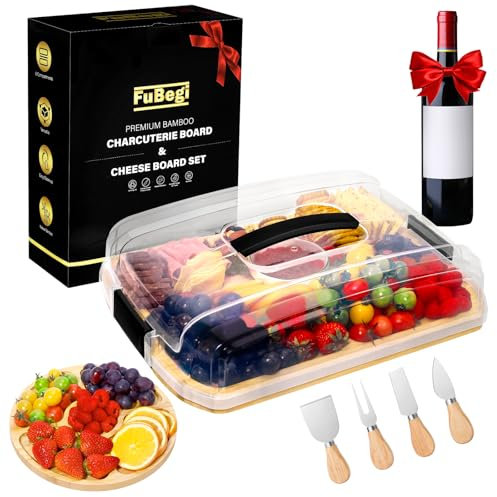 Portable Travel Charcuterie Board with Lid, Bamboo Travel Charcuterie Board Fruit Tray Set with 6 Compartments, Double Sided Cheese Board Serving Tray Platter Box Gift Set Cutting Board for Picnic