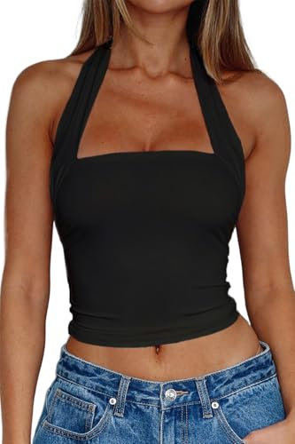 TiulZial Damen Neckholder Rückenfreies Crop Top Sexy Y2K Ärmelloses Tank Rücken Slim Fit Tops(Black,M)