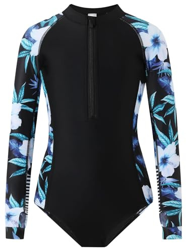OXUBOAO Maillot de bain une pièce à manches longues pour filles - Motif floral - Fermeture éclair, Noir , 9-10 ans