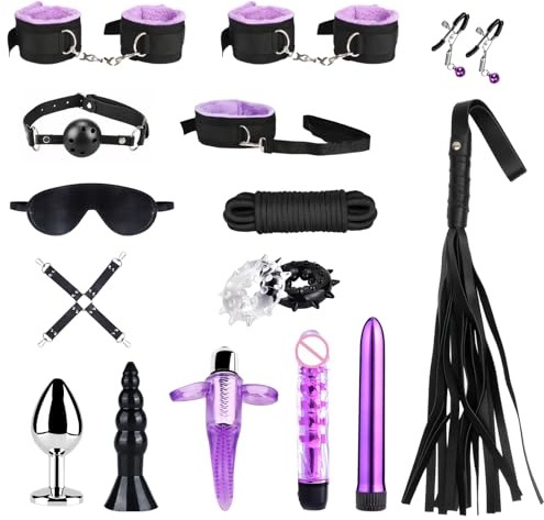 15 PCS Sex Bondage Set for Couples BDSM Kit with Adjustable Bondage Gear & Accessories for Couples, Sex Toys for Beginners and SM Enthusiasts (Black Purple)