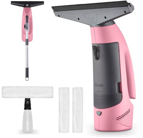 Swan x Lynsey SC59010QOC Rechargeable Cordless Window Vacuum Cleaner with Extension Pole, 35 Mins Runtime, Includes Spray Bottle with Cloth Holder / 2x Washable Microfiber Cloth, Pink