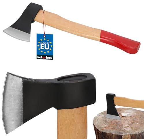 KOTARBAU® Hacha Doble con cuña para Cortar leña, 500 g, de Acero con Mango de Madera impregnado, Hacha de Mano con protección para el Filo