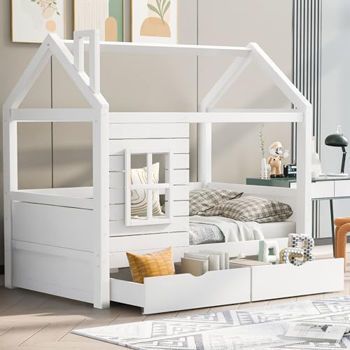 Trdlpyn Letto a casa per bambini 80 x 160 cm con rete a doghe e 2 cassetti, letto per bambini in legno massello con finestra di protezione anticaduta, letto da pavimento Montessori per ragazzi e