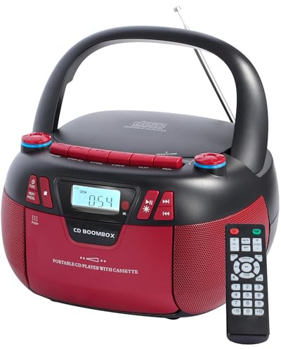 Boombox CD Player with Bluetooth and Cassette Player | Portable AM/FM Radio, MP3/USB/AUX Input, Stereo Sound System with Recorder, AC & Battery Powered for Home & Outdoor (RED)