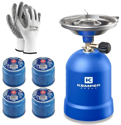 Kemper KE2009 Fornello a Gas da Campeggio Antivento con 4 Cartucce Butano 1120S1 + 1 Paio di Guanti Omaggio | Portatile con Valvola Regolabile per Outdoor, Campeggio, Trekking, Emergenze