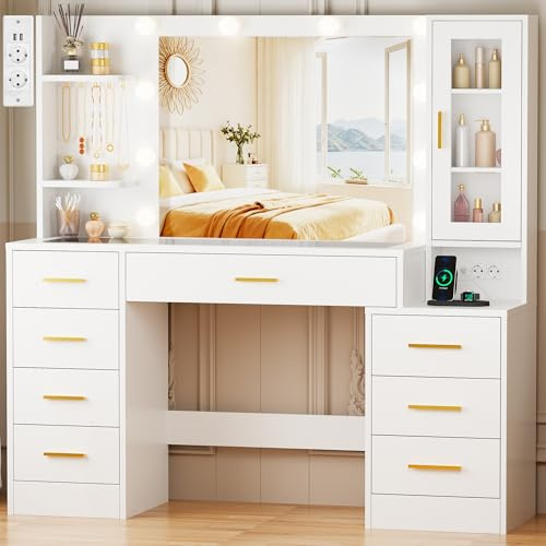 ANWBROAD Grande Toeletta da Trucco con Luci e Specchio Luminosità Regolabile Toeletta Trucco con Piano in Vetro e Prese Tavolo da Trucco on 8 Cassetti 3 Ripiani Aperti 5 Ganci Moderna Bianco BDT88W