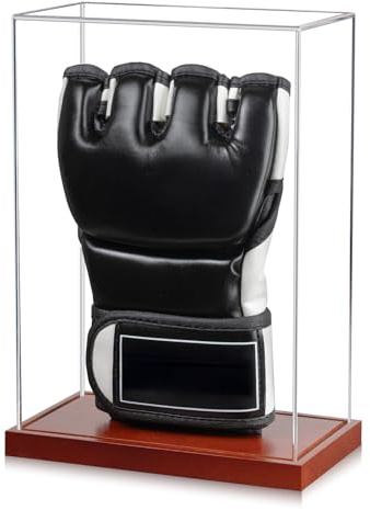 MMA Glove Display Case - No Assembly - Clear Acrylic Showcase with Wood Base, UV Protection Souvenirs and Collectibles Box (MMA Single Glover Holder, Rectangle)