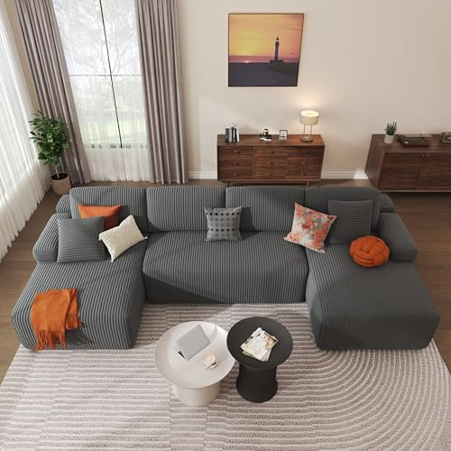 DURASPACE Canapé modulable U 320cm Velours côtelé Mousse mémoire Gris | Canapé modulable sans ossature, livraison compressée, aucun assemblage requis, adapté au salon familial