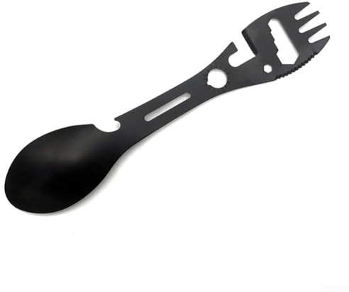 Zilimontt Cuillère et fourchette multifonction pour le camping, la randonnée et la survie, ustensile d'extérieur léger de 18 cm avec décapsuleur, ouvre-boîte et trou de suspension