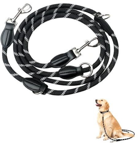 Laisse Chien 2 m réglable – Longe pour Chien Robuste et réfléchissante avec Crochet métallique et poignée en Cuir PU – Laisse 3 Points pour Chiens multifonctionnelle idéale pour la Marche
