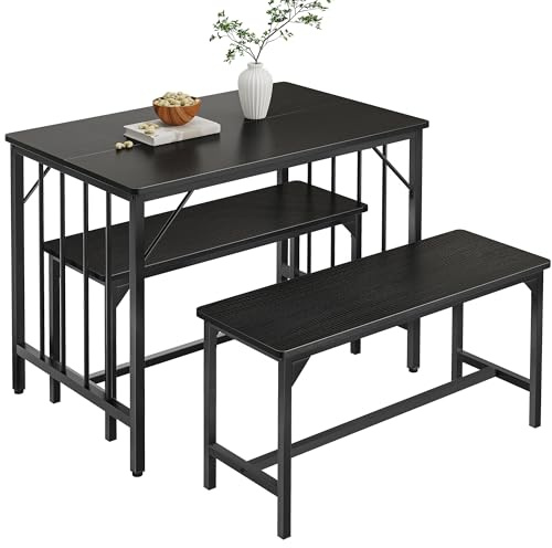 YITAHOME Ensemble Table de Salle à Manger et 2 chaises, Ensemble de Salle à Manger 3 pièces avec Banc, économiseur d'espace, Table de Salle à Manger pour Cuisine, Appartement, Noir