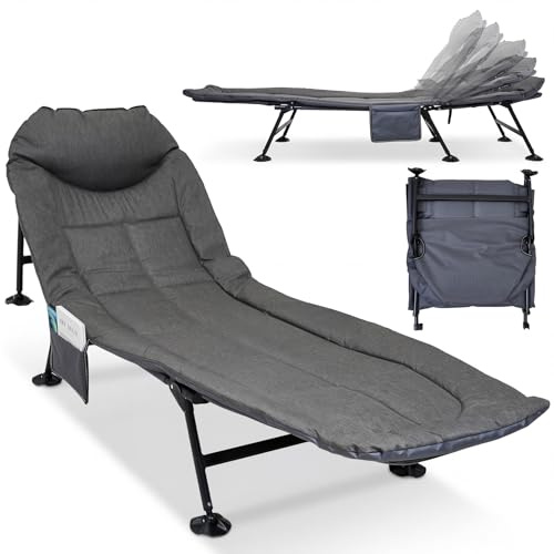The Fellie Sun Lounger, Folding Camping Beds for Adults, Portable Camping Cot with Cushion, Garden Loungers Reclining Garden Chair, 5 Gear Adjustable Backrest Bed, Portable Lounge Chair, Dark Grey