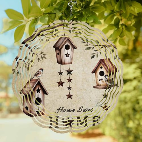 Wind Spinners for Yard Garden, Sweet Home Sparrows 3D Stainless Steel Round Hanging Spinners Indoor Outdoor Kinetic Yard Art,12 Inch, Bird Houses Country Stars
