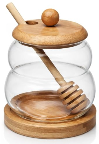 MGE - Barattolo per Miele con Cucchiaio - Dispenser Miele - Dosatore Trasparente - Bicchiere di Vetro, Vasetto per la Conservazione e la Distribuzione - Contenitore Per Sciroppo (Disegno 2)