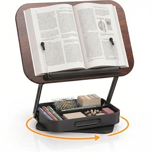 AJIEQAQ Multifunktionaler Buchständer mit Schreibtisch Organizer, 360° Drehbarer Leseständer aus Holz und Eisen, Höhenverstellbarer Laptophalter & Kochbuchhalter für dicke Bücher, Tablet, Büro & Home