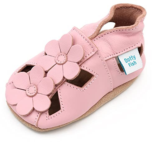 Dotty Fish Sandales Été rose à fleurs bébé et tout-petits en cuir souple – la démarche pieds nus, recommandées par podologues, Respirant, cuir bébé sécurisé, cheville élastiquée - 12-18 Mois (21 EU)