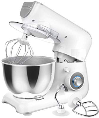 JHNEA Batidora Amasadora, Amasadora con Pantalla LCD (1300 W, con Bol de Acero Inoxidable de 4L, Amasador, Batidor, Varillas y Protección para Salpicaduras),White