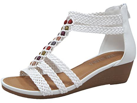 IVACHY Women's Summer Braided Strappy Beaded Flowery Espadrille Wedge Sandals